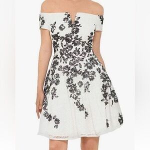 Xscape White and Black Floral Off the Shoulder Mini Dress
